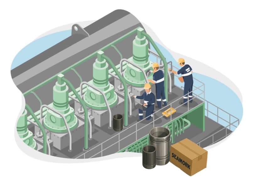 Marine engineer maintaining ship engine parts for SEAMORK Marine